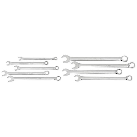 Nine long-pattern mirror-chrome combination wrenches systematically sorted in two columns, highlighting their incremental size differences from 7mm up to 15mm.