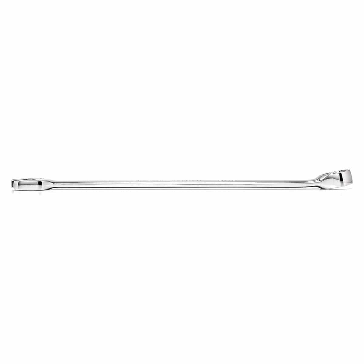 A direct profile side view of a slim long-pattern combination wrench, showing the flat structural beam layout and the distinct angle of the 15-degree offset box end.