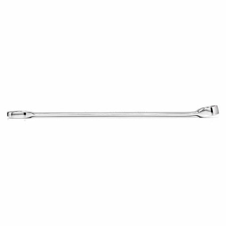 A direct profile side view of a slim long-pattern combination wrench, showing the flat structural beam layout and the distinct angle of the 15-degree offset box end.