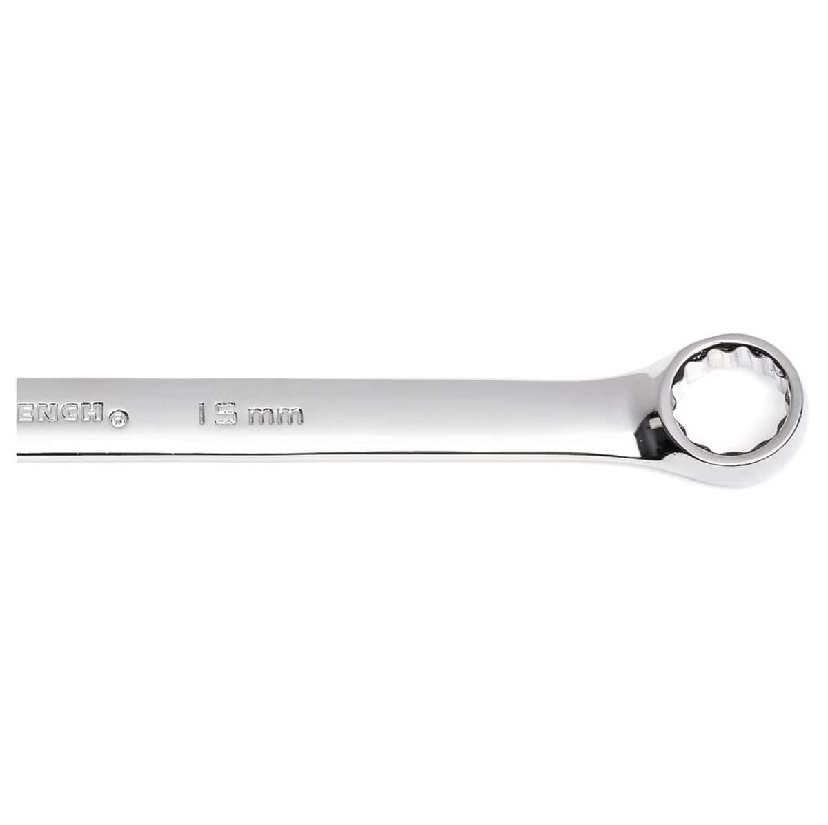 A detailed close-up shot of the closed 12-point box end on a chrome combination wrench, emphasizing the clear 15mm sizing and brand logo engravings on the beam.