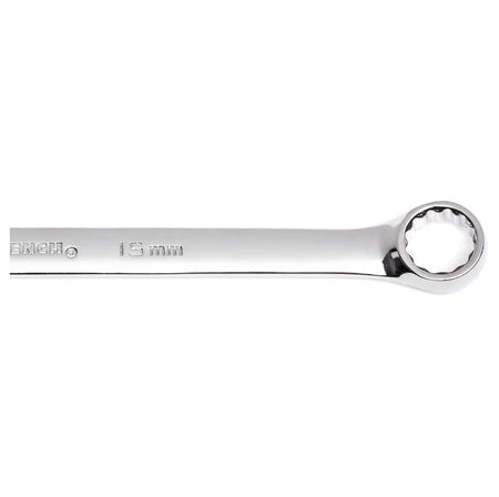 A detailed close-up shot of the closed 12-point box end on a chrome combination wrench, emphasizing the clear 15mm sizing and brand logo engravings on the beam.