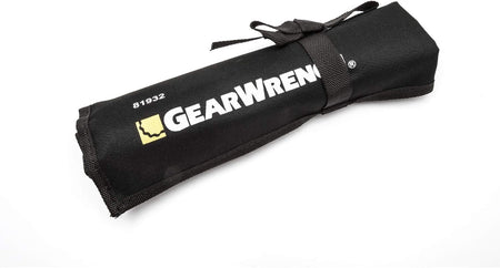 A high-impact black nylon tool roll wrapped tight and secured by integrated woven fastening bands, clearly showing the Gearwrench logo and part number 81932 printed on the exterior.
