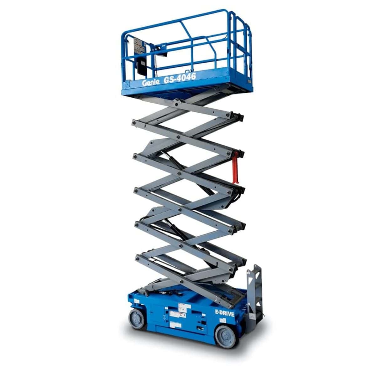 Genie GS-4046 scissor lift. You can clearly see the "Genie GS-4046" model name on the side of the platform. It's an electric-powered scissor lift, indicated by the "E-Drive" label on the base. These lifts are commonly used for providing elevated work platforms in various construction and maintenance applications. Given that we're in Tomball, you might see these being used at job sites around the area. Is there anything specific you'd like to know about this Genie model?