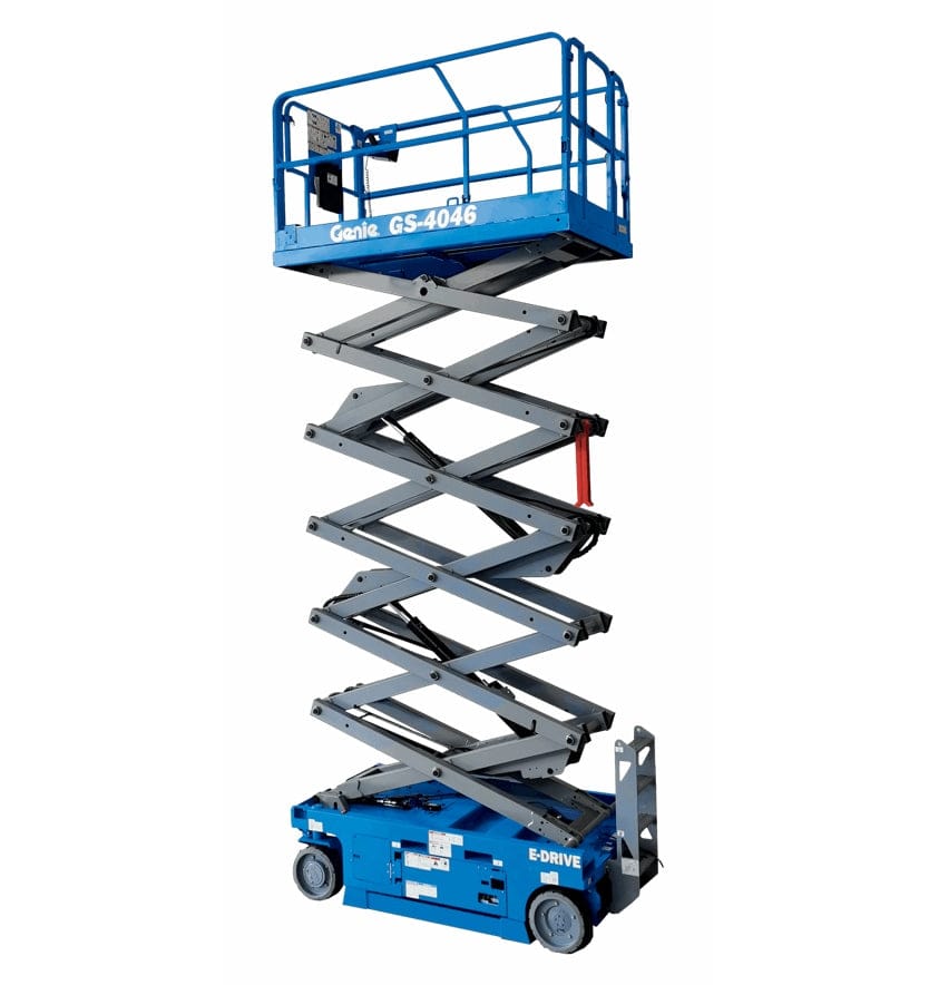 Genie GS-4046 scissor lift shown in full vertical extension with crisscrossing metal arms and guardrail platform. The electric-powered lift is labeled “E-DRIVE” and designed for safe elevation in commercial or industrial settings.