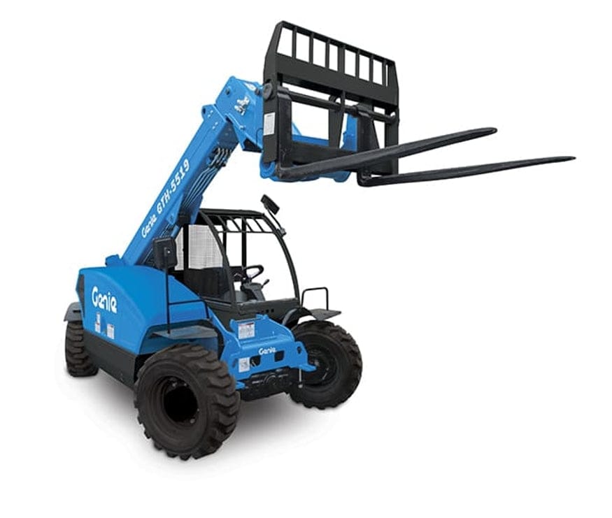 Genie GTH-5519 telehandler with telescopic boom and fork attachment, shown on rugged terrain with large tires and enclosed operator cabin; ideal for lifting and moving materials in construction and industrial settings.