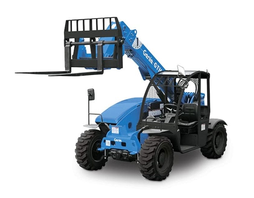 Genie GTH-5519 telehandler with extended boom and fork attachment, positioned to demonstrate reach capability; features large tires, enclosed cabin, and visible branding, suited for elevated material handling on uneven surfaces.