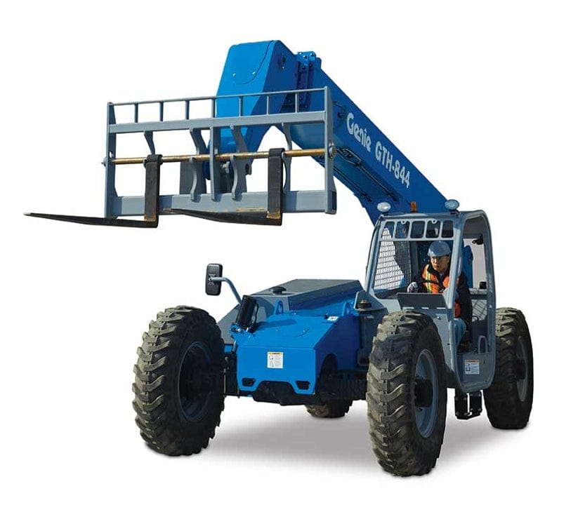 Genie GTH-844 telehandler with extended boom and fork attachment, operated by a person in safety gear; shown on rough terrain with large tires and enclosed cab, suitable for lifting materials in construction environments.