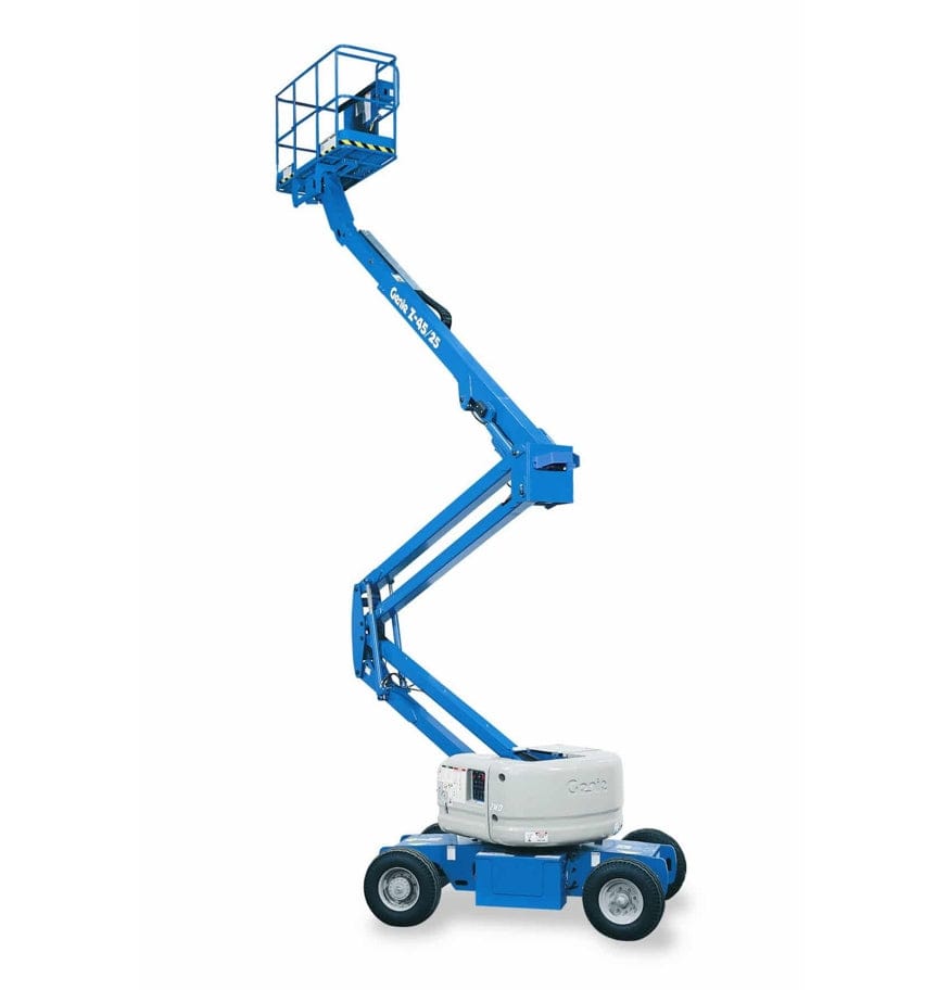 Side view of Genie Z-45/25 articulating boom lift with jointed boom sections extended. The lift is mounted on four wheels and features a safety-guarded platform, showcasing its maneuverability and reach for elevated industrial or construction work.