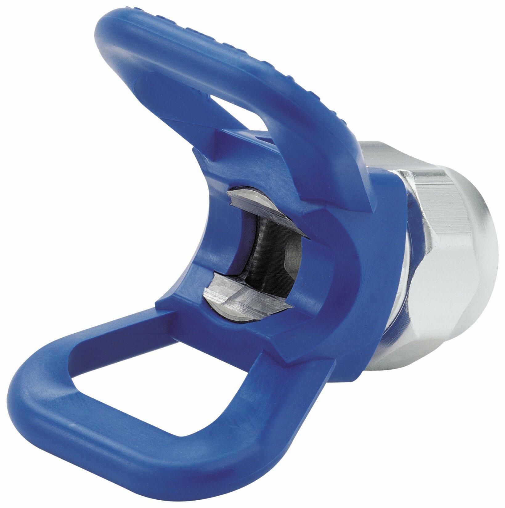 A close-up, angled view of the Graco 246215 RAC X HandTite Tip Guard. The guard features a prominent blue plastic finger-grip housing surrounding a silver metallic thread base. The opening for the spray tip is visible, showing the internal mechanism.