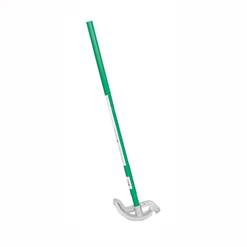 Full length angled view of the Greenlee 840AH conduit bender featuring the green steel handle and silver aluminum bending head.