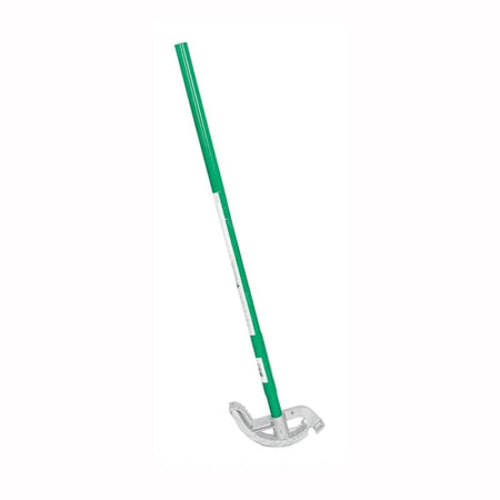 Full length angled view of the Greenlee 840AH conduit bender featuring the green steel handle and silver aluminum bending head.