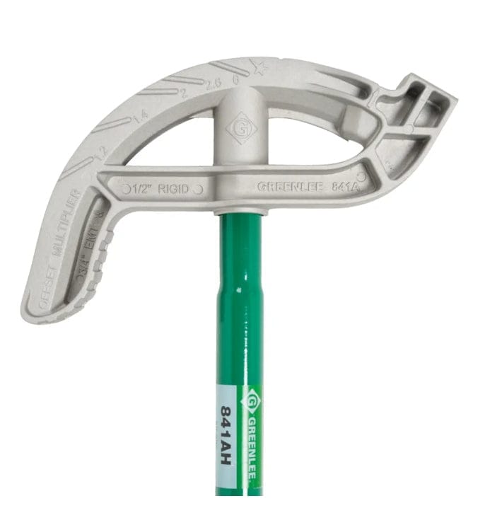 Close-up side view of the aluminum bender head displaying the raised degree markings and capacity labels for 3/4 inch EMT and 1/2 inch Rigid.