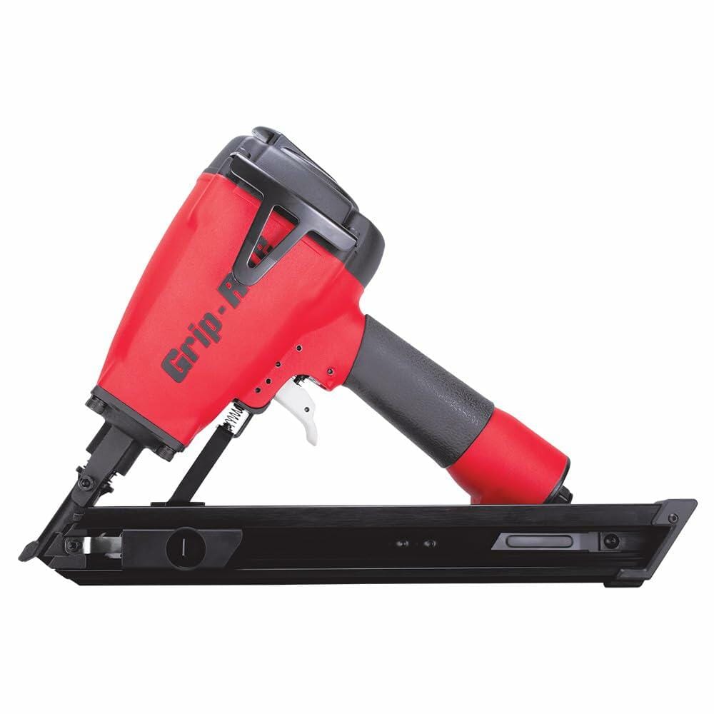 Close-up view of the Grip-Rite GRSB150 metal connector nailer showing its red and black body, angled magazine, and ergonomic grip; tool is positioned to highlight its compact design and nail tip guide for precision fastening.