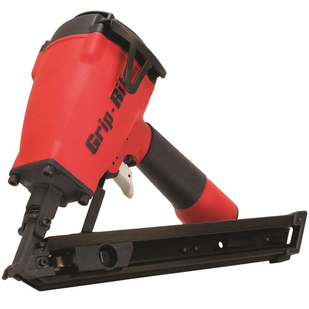 Front-end close-up of the Grip-Rite GRSB150 nailer showing the discharge tip and rugged build; red and black casing highlights the tool’s durability and precision for metal connector fastening.