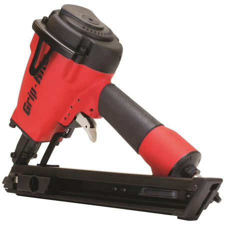 Angled view of the Grip-Rite GRSB150 nailer displaying its ergonomic handle, trigger mechanism, and nail magazine; red and black design reinforces its compact form factor for tight-space framing tasks.