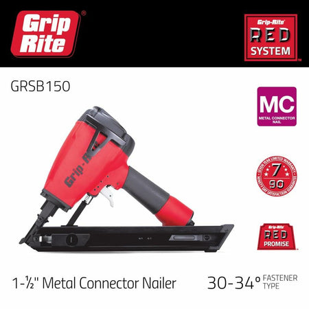 Product advertisement for the Grip-Rite GRSB150 metal connector nailer featuring branding, model number, warranty badge, and fastener specifications; tool is centered with red and black casing and labeled for 1-1/2" metal connector use.