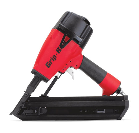 Right-side view of the Grip Rite GRSB250 2-1/2 inch metal connector nailer highlighting the compact magnesium housing and the 30-34 degree paper collation magazine design for seismic and hurricane tie applications.