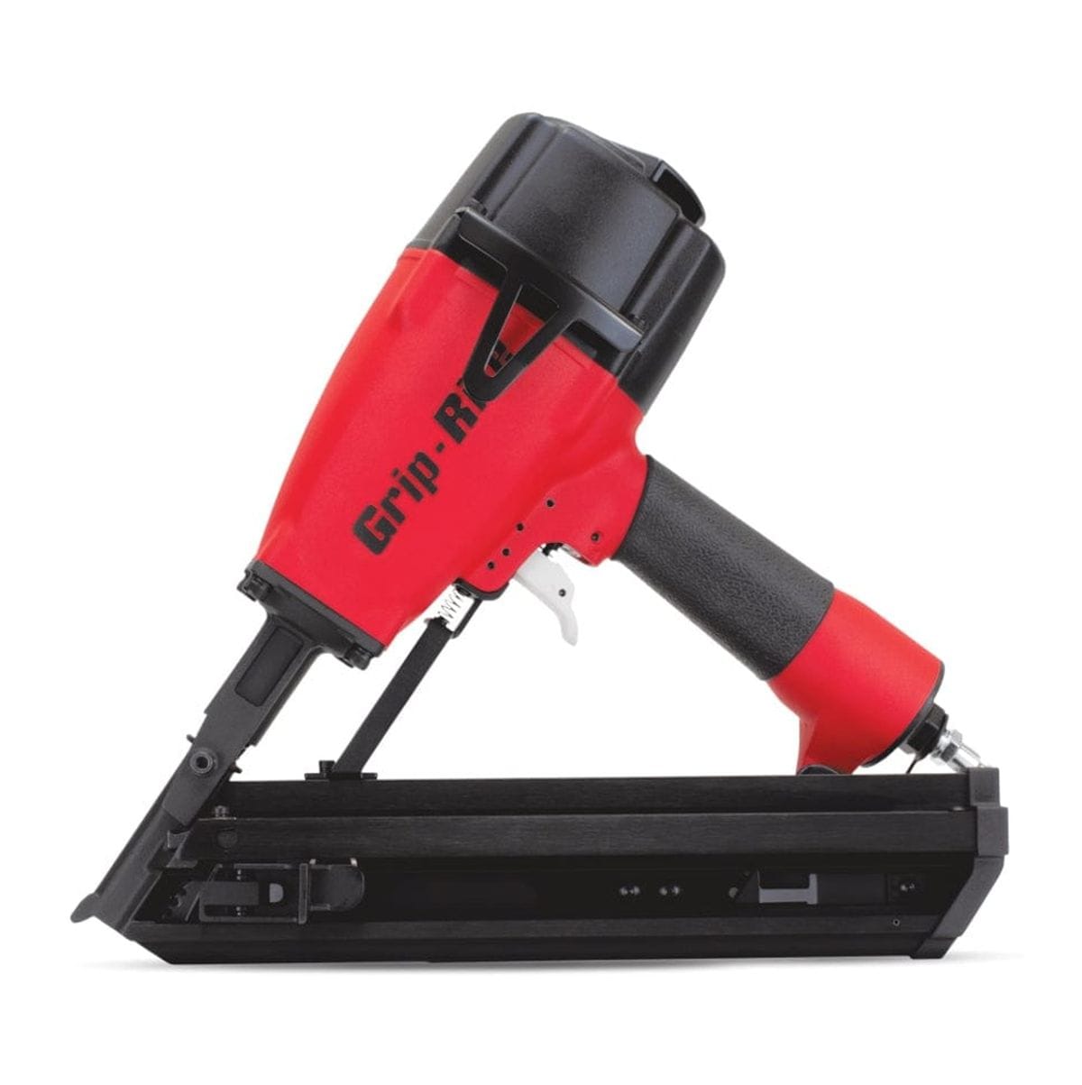 Side profile of the Grip Rite GRSB250 pneumatic metal connector nailer featuring a red body, black high-capacity magazine, and ergonomic rubber grip handle for professional structural framing and joist hanger installation.