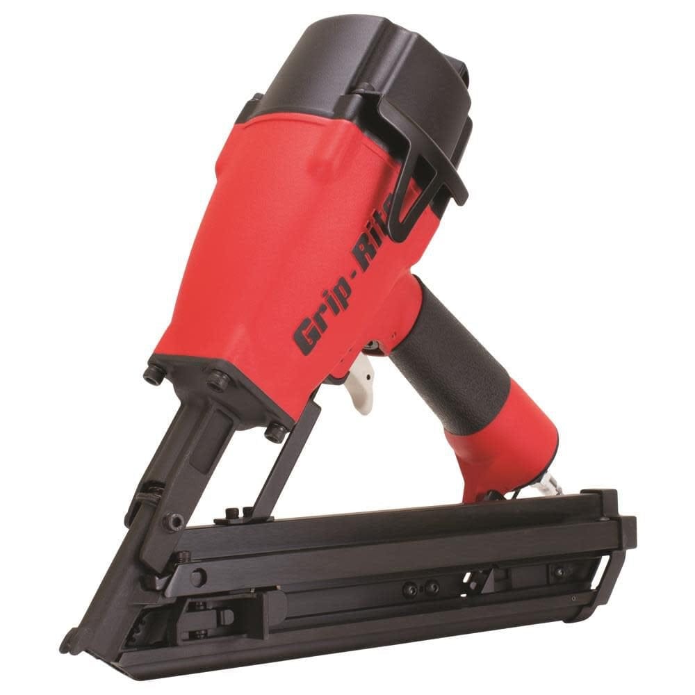 Front-angled view of the Grip Rite GRSB250 pneumatic joist hanger tool showing the precision exposed nail tip guide and durable structural design for accurate fastening of metal hardware in construction.