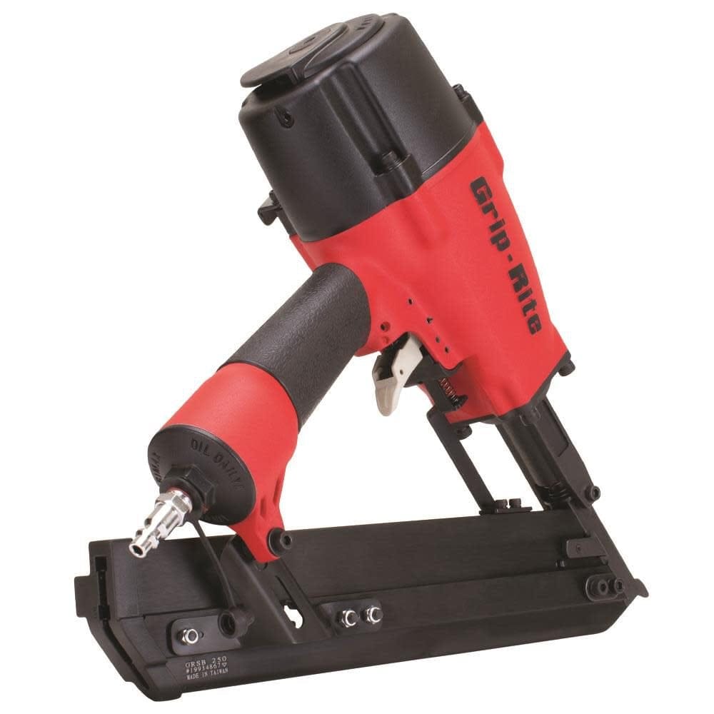 Rear-angled view of the Grip Rite GRSB250 metal connector nailer showcasing the air inlet, rear-loading magazine for fast fastener replenishment, and the 360-degree tool-free adjustable exhaust.