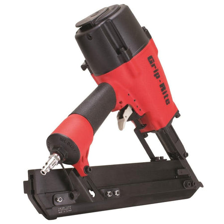 Rear-angled view of the Grip Rite GRSB250 metal connector nailer showcasing the air inlet, rear-loading magazine for fast fastener replenishment, and the 360-degree tool-free adjustable exhaust.