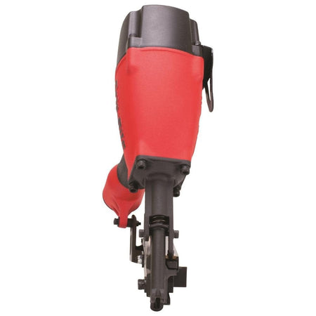 Direct front-facing view of the Grip Rite GRSB250 pneumatic tool illustrating the narrow profile and precision tip guide designed to fit exactly into the pre-punched holes of metal structural connectors.