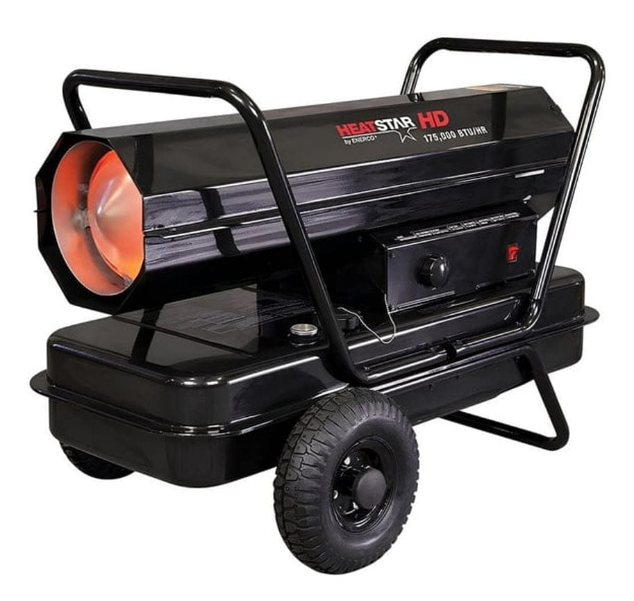 Studio angle view of the black Heatstar HD forced air heater featuring a cylindrical barrel with an orange glowing interior, mounted on a large fuel tank with pneumatic tires and a tubular steel handle frame, showing the side control panel with a thermostat knob and red power switch