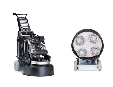 Composite image showing the full propane grinder on the left and the underside on the right displaying the four head planetary grinding system.