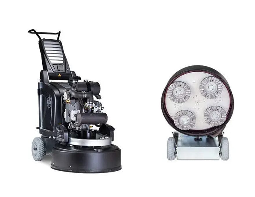 Composite image showing the full propane grinder on the left and the underside on the right displaying the four head planetary grinding system.
