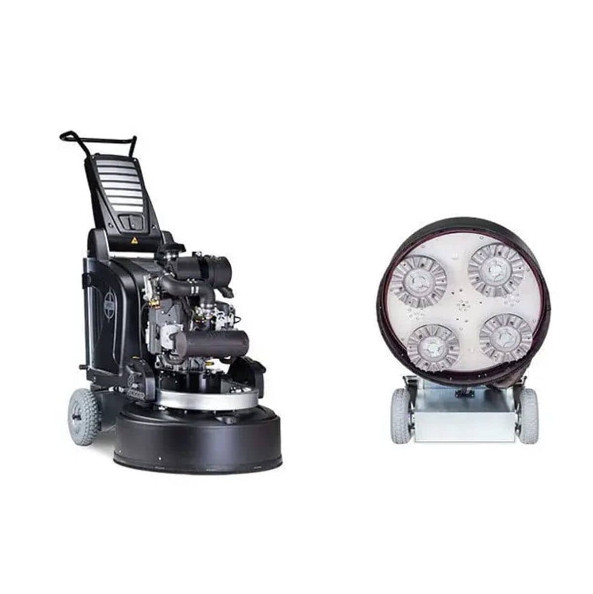 Composite image showing the full propane grinder on the left and the underside on the right displaying the four head planetary grinding system.