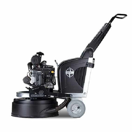 Side profile view of the HTC 800 RXP propane floor grinder showing the exposed engine, black chassis with HTC logo, and floating grinding cover.