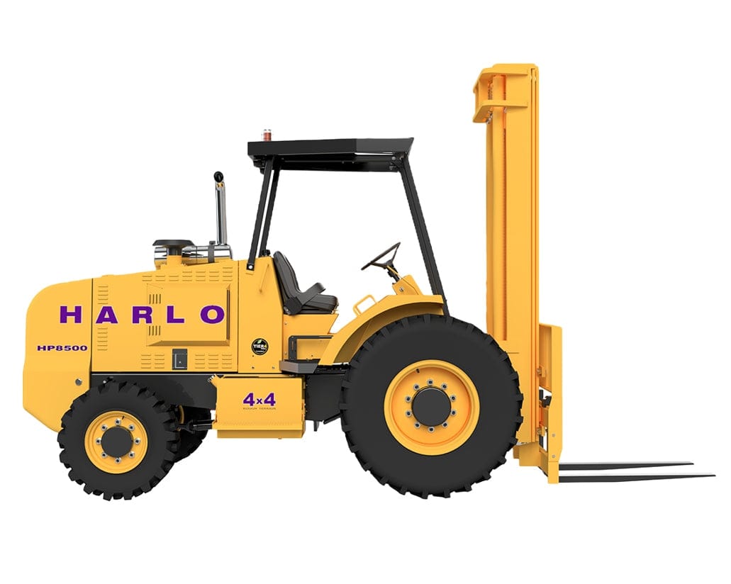 Harlo HP8500 yellow rough terrain forklift with large black forks, rugged tires, open cab, and 4x4 labeling, designed for heavy-duty lifting on construction sites.