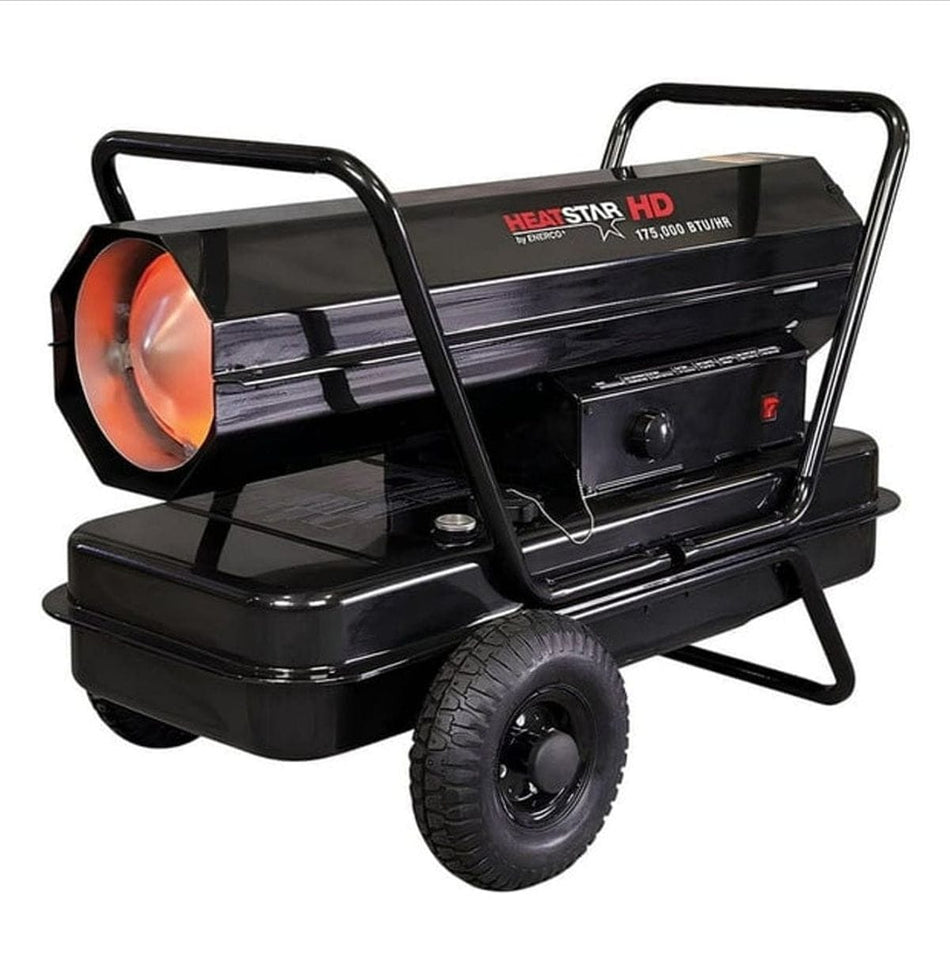 Studio angle view of the black Heatstar HD forced air heater featuring a cylindrical barrel with an orange glowing interior, mounted on a large fuel tank with pneumatic tires and a tubular steel handle frame, showing the side control panel with a thermostat knob and red power switch