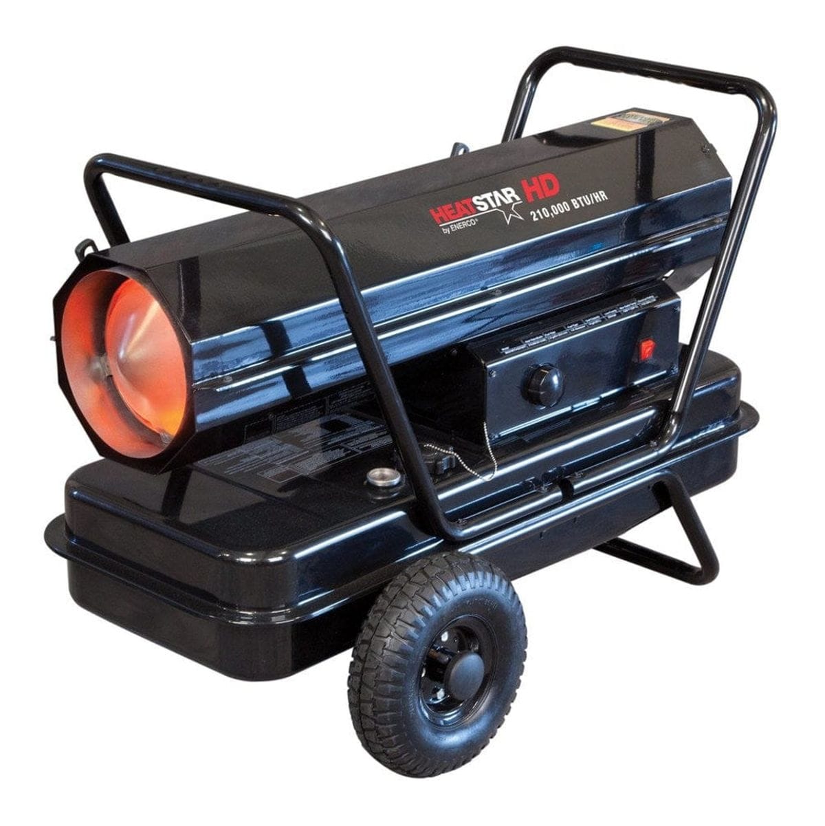Studio angle view of the black Heatstar HD HS210KT forced air heater featuring a cylindrical barrel with an orange glowing interior, mounted on a large fuel tank with pneumatic tires and a tubular steel handle frame, showing the side control panel with thermostat knob