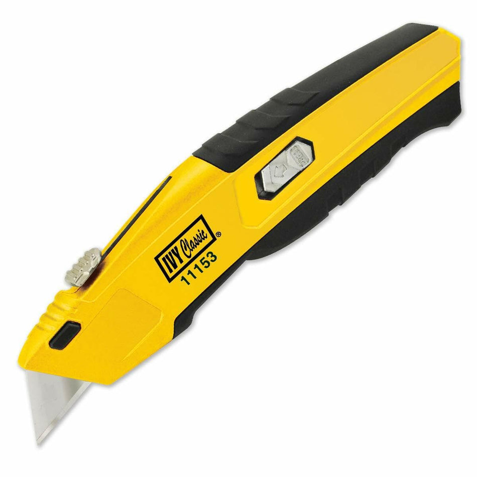 A studio photo of the yellow and black IVY Classic 11153 Auto Rapid Reload retractable utility knife with the blade extended.