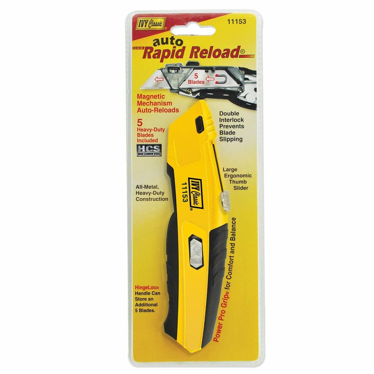 The IVY Classic 11153 utility knife in its retail blister pack, highlighting features like Auto Rapid Reload, magnetic mechanism, 5 included blades, and Power Pro Grip.