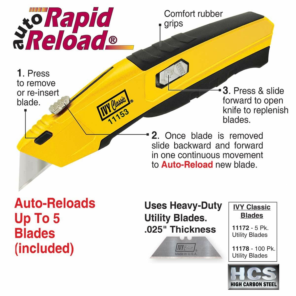 An infographic demonstrating the Auto Rapid Reload feature of the IVY Classic 11153 knife, with numbered steps explaining how to remove, reload, and replenish blades, also showing comfort grips and blade compatibility.