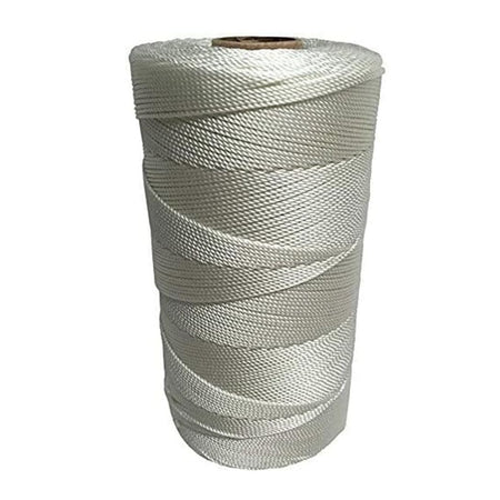 Close-up of a large spool of thick, white #18 twisted nylon seine twine for chalk lines and masonry use, showing the strong, braided texture of the 1000-foot cord.