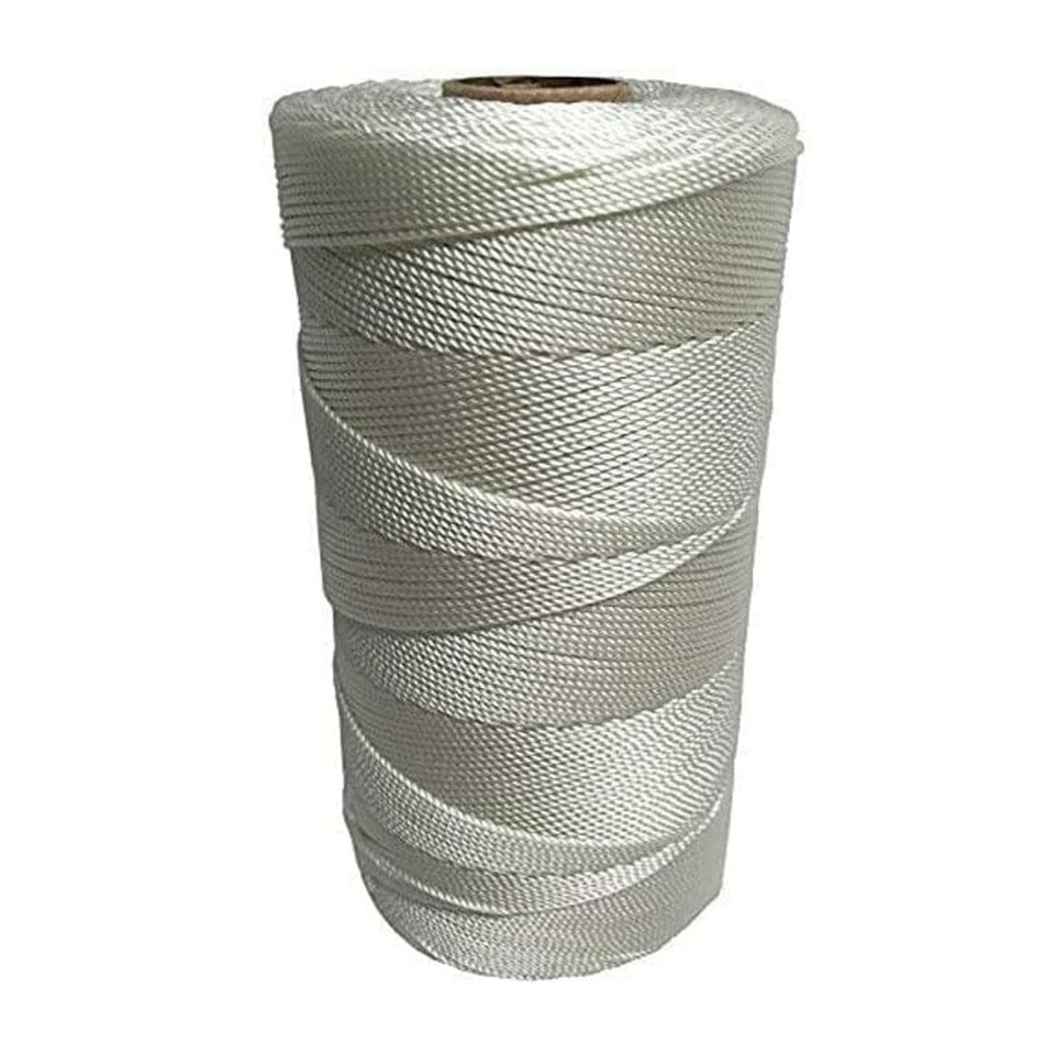Close-up of a large spool of thick, white #18 twisted nylon seine twine for chalk lines and masonry use, showing the strong, braided texture of the 1000-foot cord.