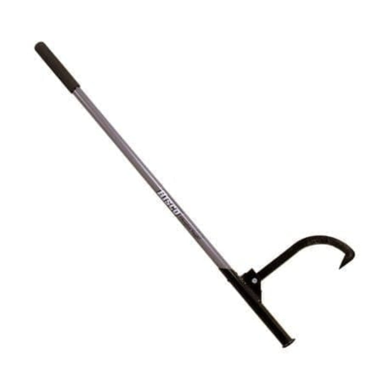Studio view of the Hisco cant hook featuring a long grey solid fiberglass handle with a black rubber grip and a hinged black steel hook mechanism at the base.
