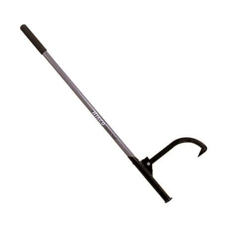 Studio view of the Hisco cant hook featuring a long grey solid fiberglass handle with a black rubber grip and a hinged black steel hook mechanism at the base.