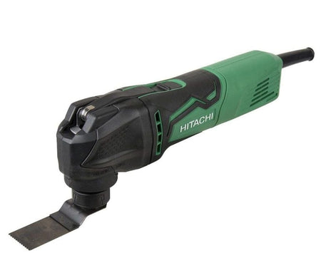 Angled front view of the multi-tool with a wood cutting blade attached and the top-mounted release lever.