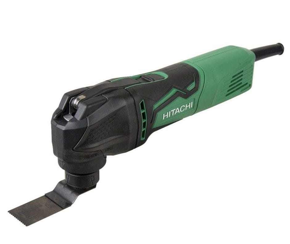 Angled front view of the multi-tool with a wood cutting blade attached and the top-mounted release lever.