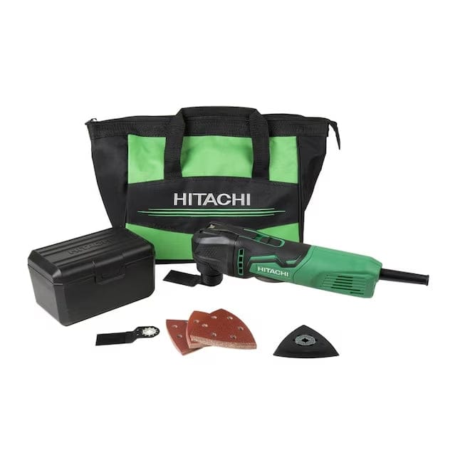Full kit assembly showing the multi-tool, carrying bag, hard accessory case, sanding pad, sandpaper, and blades.
