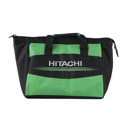 Front view of the black and green canvas tool bag featuring the Hitachi logo and durable handles.