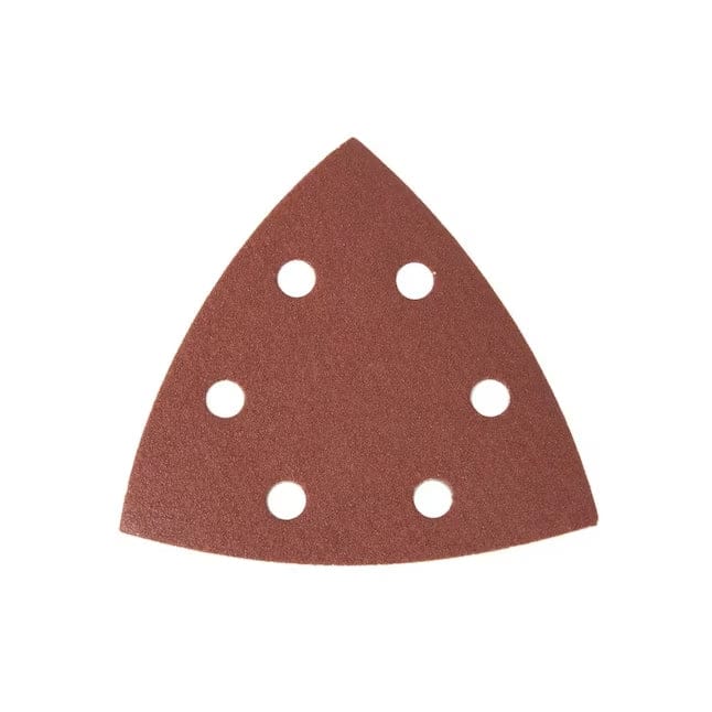Close-up of a triangular red sandpaper sheet featuring six holes for dust collection.