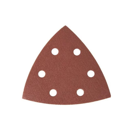 Close-up of a triangular red sandpaper sheet featuring six holes for dust collection.