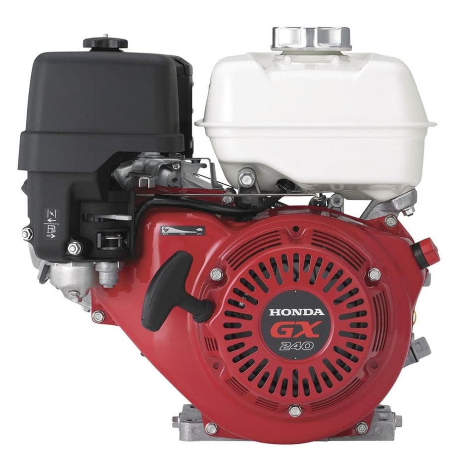 Product studio shot from a direct side profile view of the red and white Honda GX240 HA2 horizontal shaft utility engine against a white background, displaying its black pull-start recoil assembly, white top-mounted fuel tank with a chrome gas cap, and a black side air filter housing.