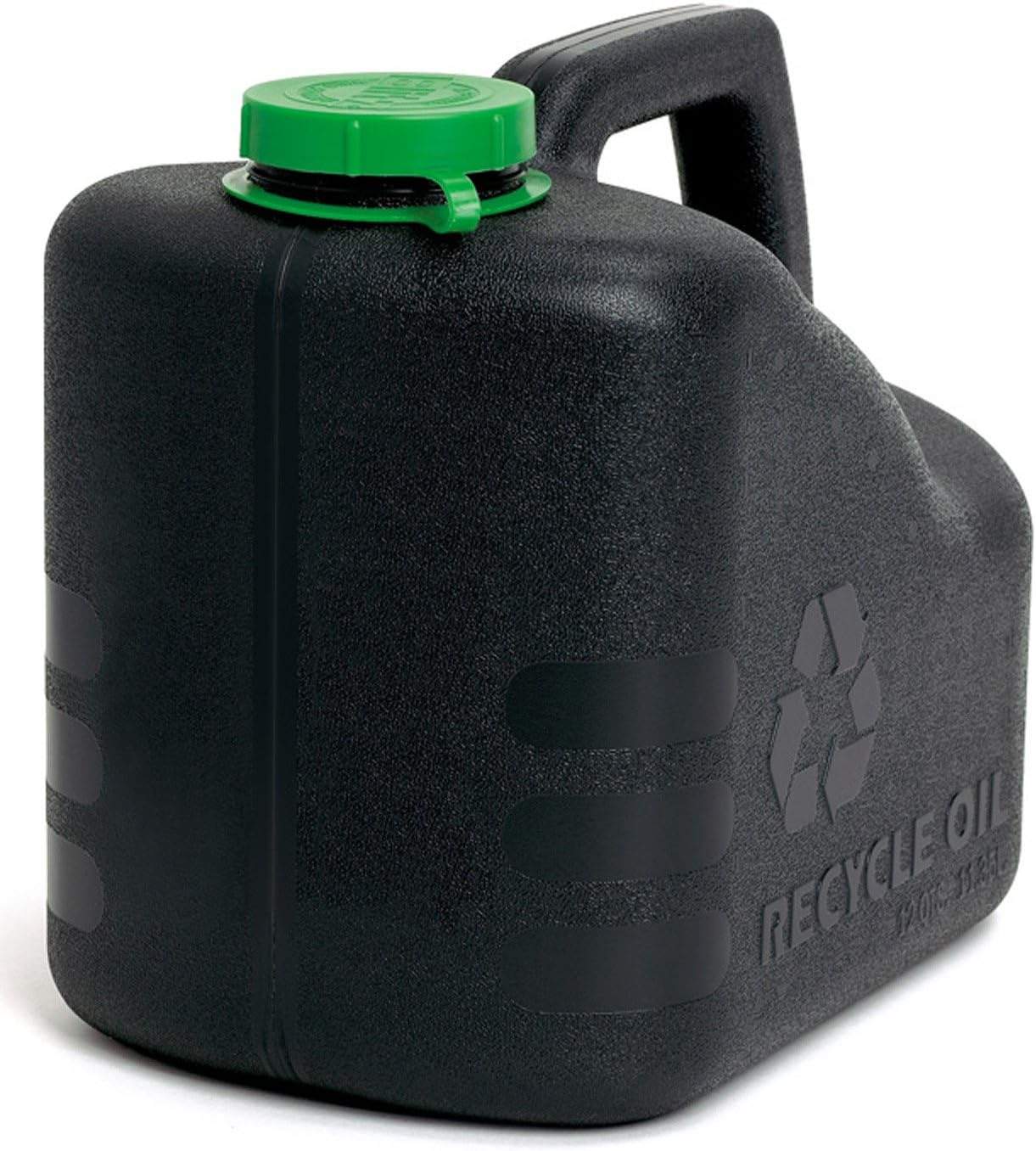 Studio shot of the black FloTool Dispos-Oil recycling jug featuring a green cap, molded handle, and embossed recycling symbol and text on the side.