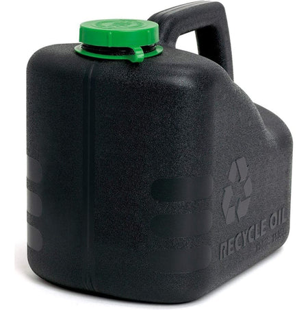 Studio shot of the black FloTool Dispos-Oil recycling jug featuring a green cap, molded handle, and embossed recycling symbol and text on the side.